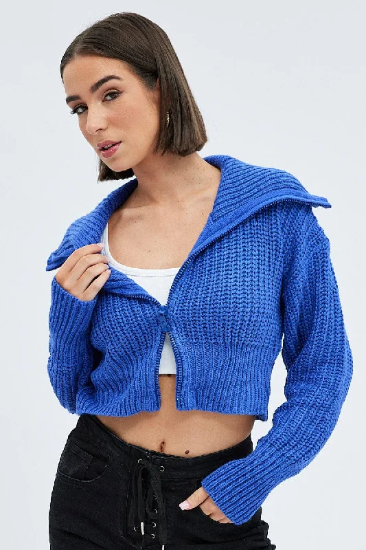 machine washable women cardigan for easy careBlue Zip up Crop Cardigan