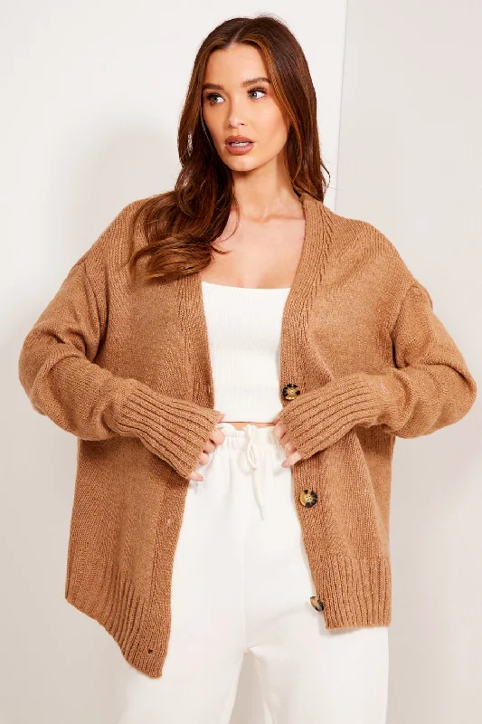 Camel Knit Ribbed Button Up Cardigan