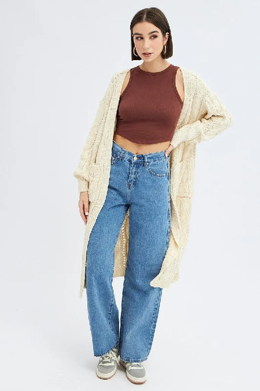 v neck women cardigan to elongate the necklineCamel Longline Cardigan Cable Knit