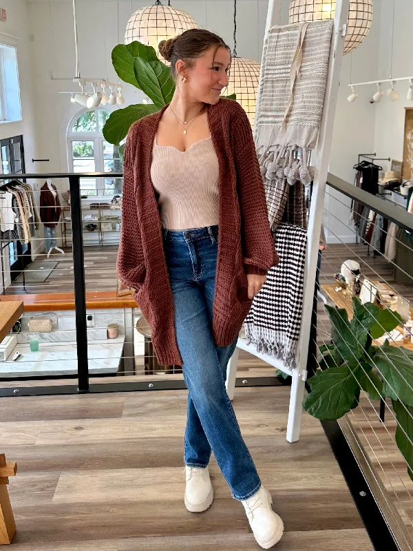 color block women cardigan with bold huesChunky Cable Sleeve Cardigan