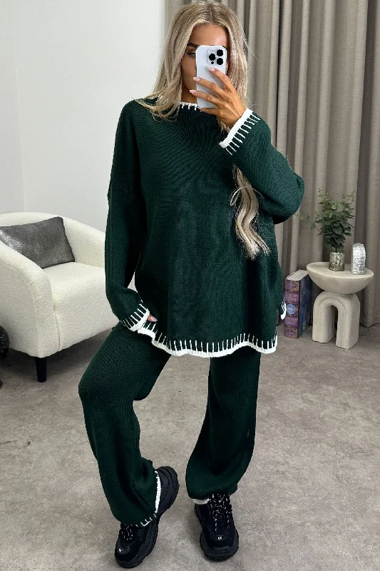 sequin embellished women cardigan for special occasionsCloe Dark Green Contrast Trim Knitted Jumper and Wide Leg Trousers Co-Ord Set sequin embellished women cardigan for special occasionsCloe Dark Green Contrast Trim Knitted Jumper and Wide Leg Trousers Co-Ord Set