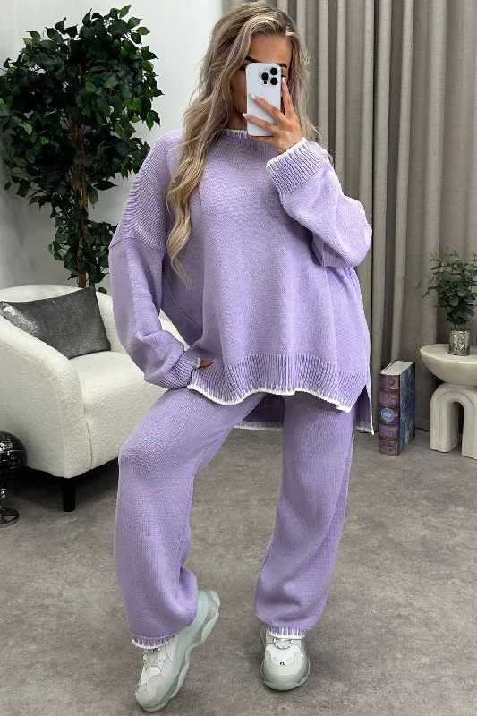 hand knitted women cardigan with artisanal charmCloe Lilac Contrast Trim Knitted Jumper and Wide Leg Trousers Co-Ord Set hand knitted women cardigan with artisanal charmCloe Lilac Contrast Trim Knitted Jumper and Wide Leg Trousers Co-Ord Set