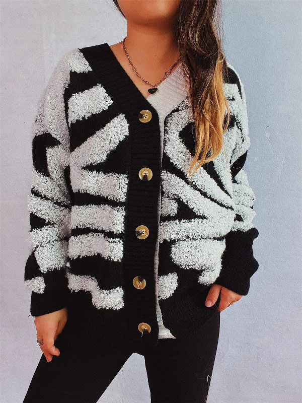 ribbed women cardigan with a classic textureContrast Button Up Long Sleeve Cardigan