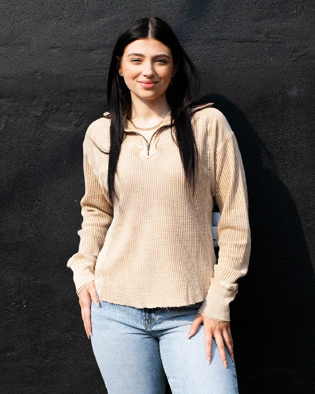 lightweight women cardigan for spring and fallFP Beige Waffle Knit Zip