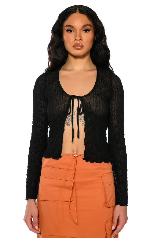 cable knit women cardigan with intricate patternsFREE LOVE TIE FRONT TOP