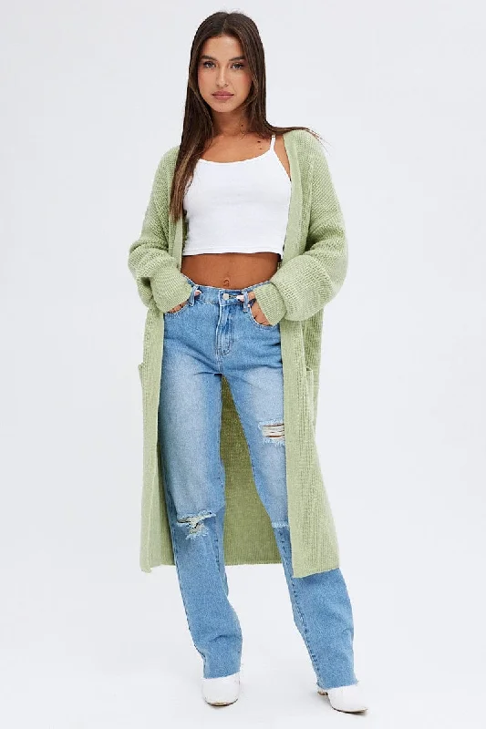 long length women cardigan with side slitsGreen Longline Cardigan