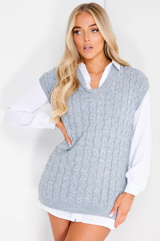 oversized women cardigan for a trendy and cozy lookSabrina Grey Cable Knit Vest Top