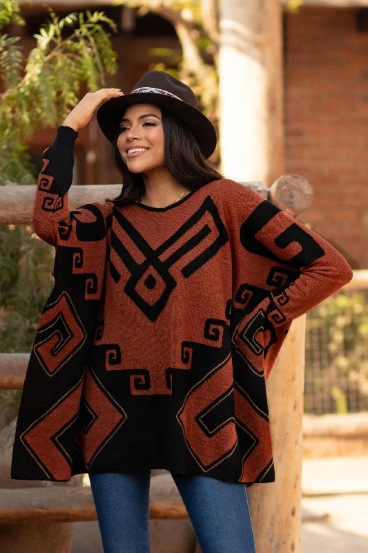 cable knit women cardigan with intricate patternsInca Contrast Black and Russet Alpaca Blend Poncho from Peru