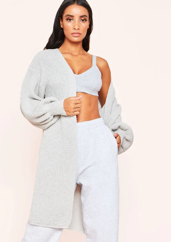 machine washable women cardigan for easy careJimena Grey Balloon Sleeve Knitted Cardigan