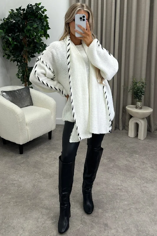 open front women cardigan for easy stylingJoleen White Contrasting Trim Scarf Knitted Jumper open front women cardigan for easy stylingJoleen White Contrasting Trim Scarf Knitted Jumper