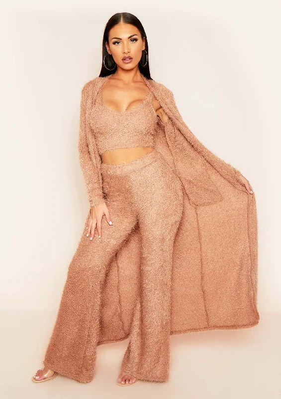 organic cotton women cardigan for an eco - friendly choiceKara Tan Fluffy Knit Pocket Front Maxi Cardigan
