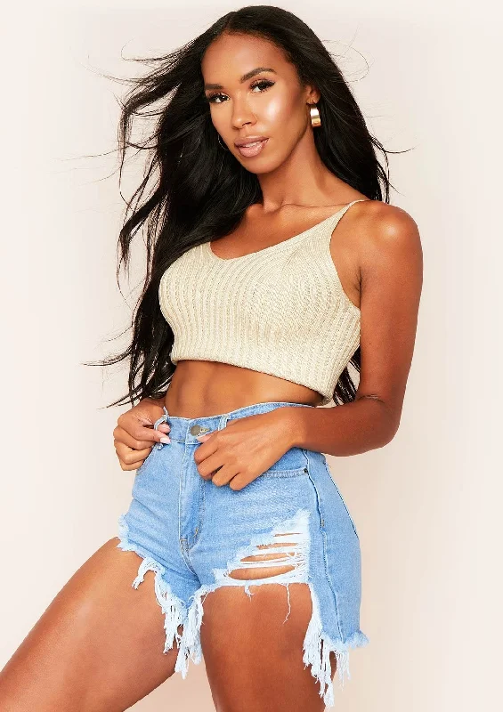 boyfriend style women cardigan for a relaxed fitKaty Beige Knitted Rib Crop Top