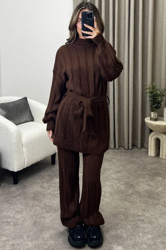 oversized women cardigan for a trendy and cozy lookKila Brown Belted Jumper and Trousers Knitted Loungewear Set oversized women cardigan for a trendy and cozy lookKila Brown Belted Jumper and Trousers Knitted Loungewear Set