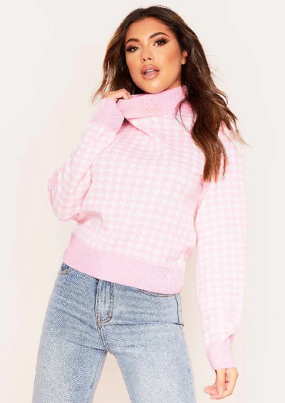 open front women cardigan for easy stylingMegan Cream and Pink Dogtooth Roll Neck Jumper open front women cardigan for easy stylingMegan Cream and Pink Dogtooth Roll Neck Jumper