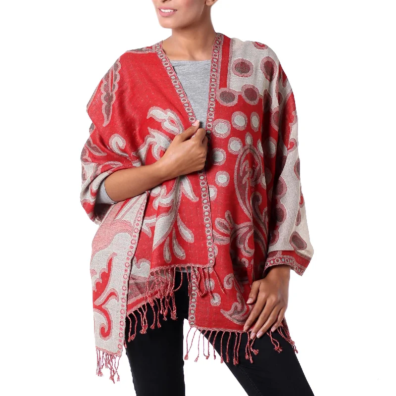 cropped women cardigan to pair with high - waisted jeansModern Red Jamawar Red and Beige Modern Wool Shawl from India
