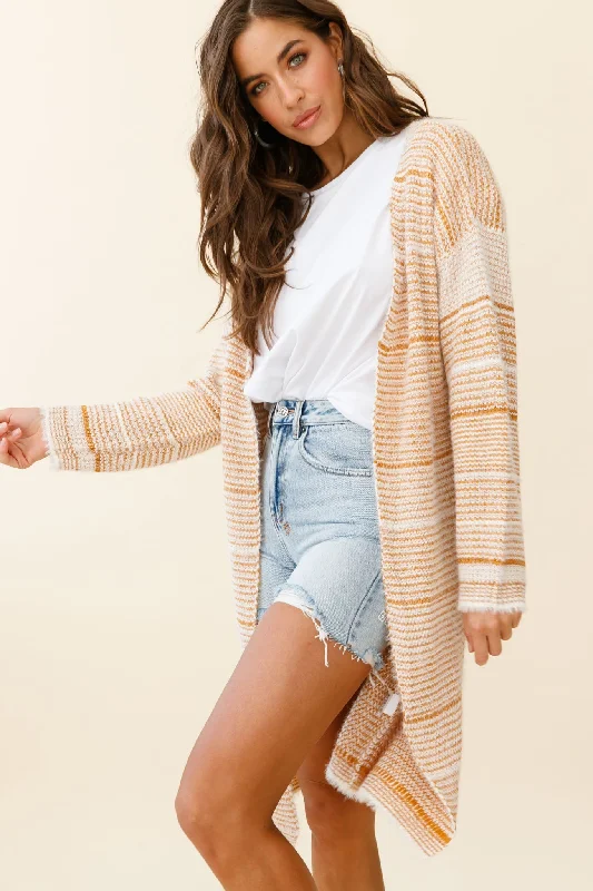 Moon Shine Fuzzy Knit Long Cardigan Striped Beige