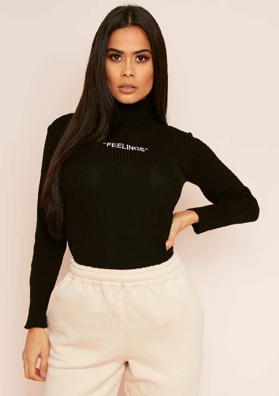 hooded women cardigan for added warmth and styleMya Black Feelings Slogan Roll Neck Top