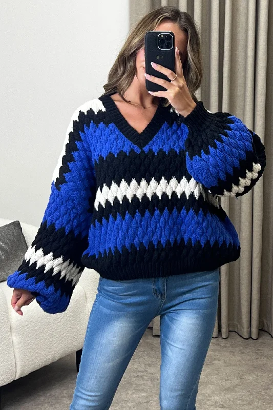 long length women cardigan with side slitsNena Blue and White V Neck Balloon Sleeve Knitted Jumper long length women cardigan with side slitsNena Blue and White V Neck Balloon Sleeve Knitted Jumper