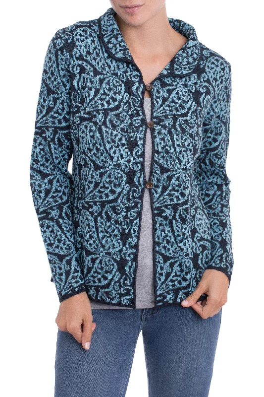 boyfriend style women cardigan for a relaxed fitPaisley Elegance in Cerulean Alpaca Blend Cardigan with Cerulean Paisley Motifs from Peru boyfriend style women cardigan for a relaxed fitPaisley Elegance in Cerulean Alpaca Blend Cardigan with Cerulean Paisley Motifs from Peru