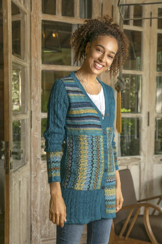 button down women cardigan with vintage buttonsPatchwork in Teal Cable Knit 100% Alpaca Cardigan in Teal from Peru
