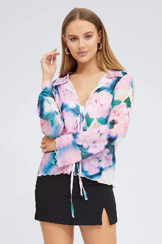 color block women cardigan with bold huesPink Abstract Mesh Cardigan Long Sleeve