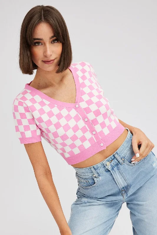 machine washable women cardigan for easy carePink Check Knit Cardigan Short sleeve