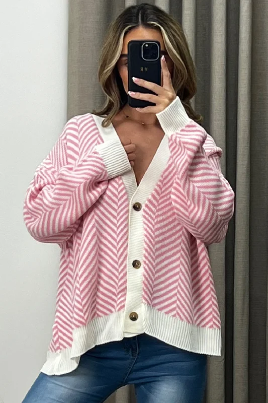 open front women cardigan for easy stylingShyla Pink and White Stripe Button Up Knit Cardigan