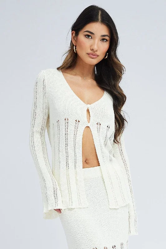 color block women cardigan with bold huesWhite Cardigan Long Sleeve V Neck Button Ladder Knitted color block women cardigan with bold huesWhite Cardigan Long Sleeve V Neck Button Ladder Knitted