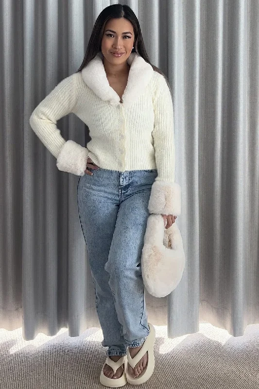 machine washable women cardigan for easy careWhite Knit Cardigan Fur Trim
