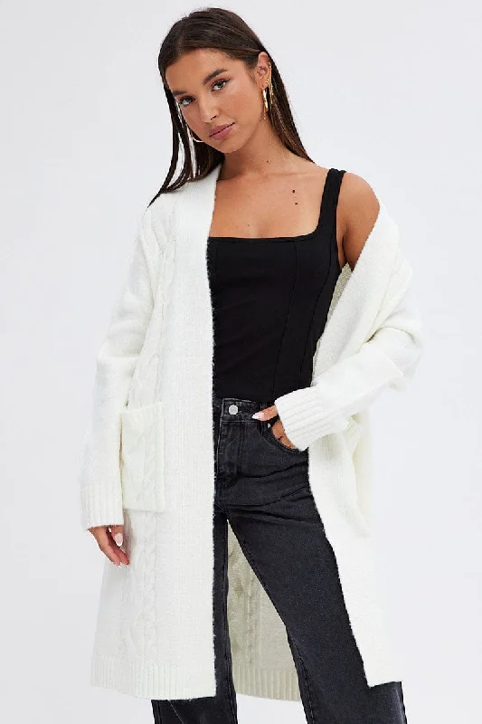 button down women cardigan with vintage buttonsWhite Longline Cable Knit Cardigan
