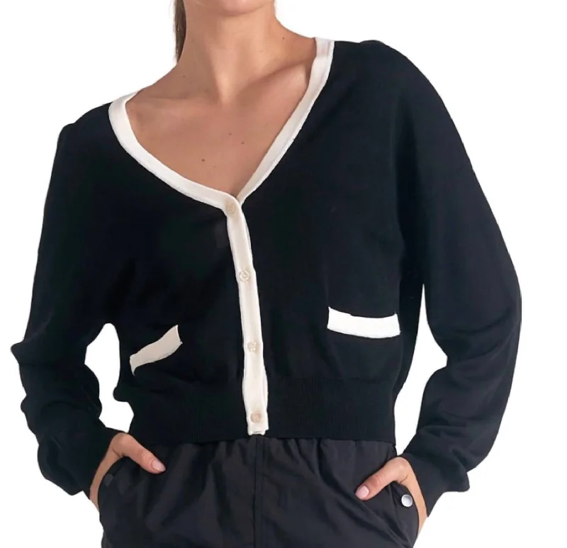 Accent Trimmed Cardigan In Black/white