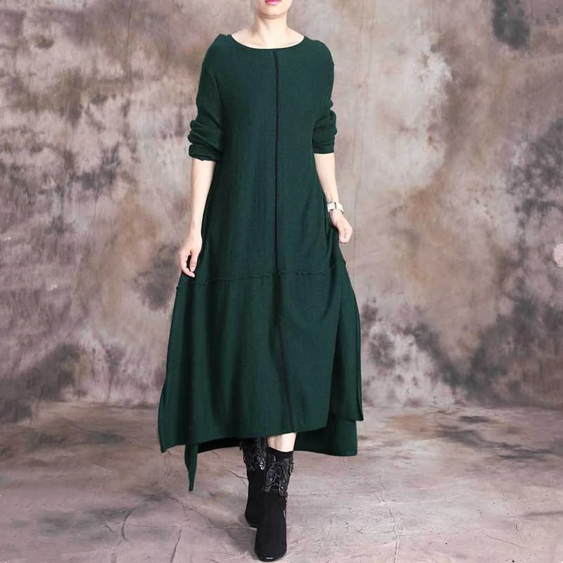 Cute green Sweater dress outfit DIY o neck asymmetric Art fall knit dresses