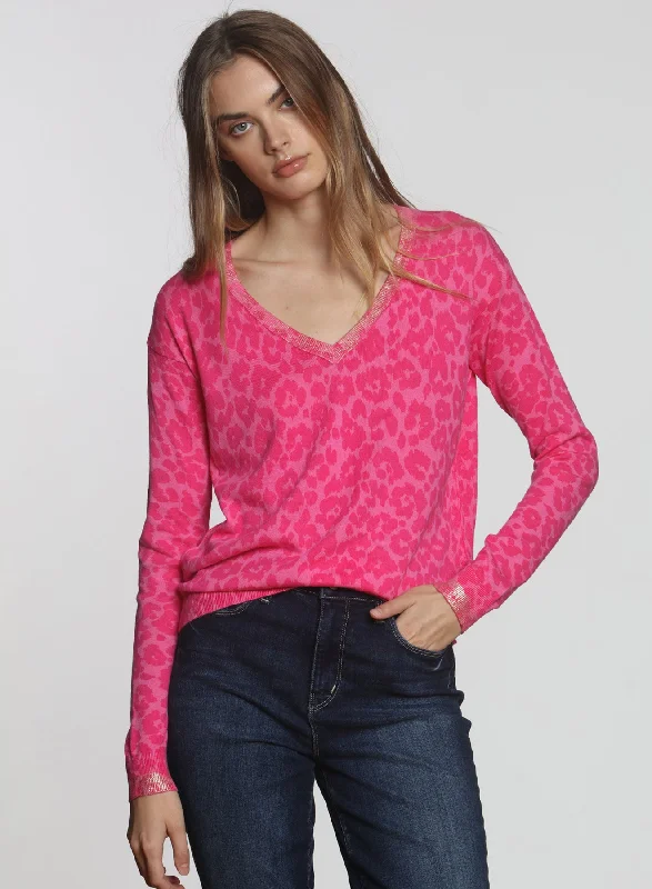 Plus Size Women's Embroidered Floral Patterned Sweater in White for a Spring - Inspired LookGoldie Printed Vee - Cheetah Pink Plus Size Women's Embroidered Floral Patterned Sweater in White for a Spring - Inspired LookGoldie Printed Vee - Cheetah Pink