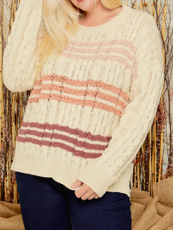 Plus Size Women's Striped Cotton - Blend Sweater in Navy and White for a Nautical ThemeCurvy Great Effort Striped Cable Knit Sweater Plus Size Women's Striped Cotton - Blend Sweater in Navy and White for a Nautical ThemeCurvy Great Effort Striped Cable Knit Sweater
