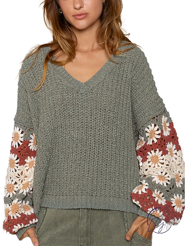 Women's Longline Boyfriend - Style Sweater in Gray for a Relaxed and Casual OutfitBotanical Patchwork Knit Sweater Women's Longline Boyfriend - Style Sweater in Gray for a Relaxed and Casual OutfitBotanical Patchwork Knit Sweater
