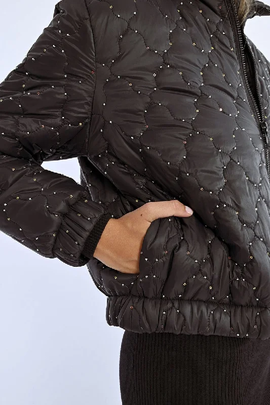 Plus Size Women's Off - Shoulder Ruffled Hem Sweater in Pink for a Feminine and Flirty LookMolly Bracken Black Beaded Down Jacket