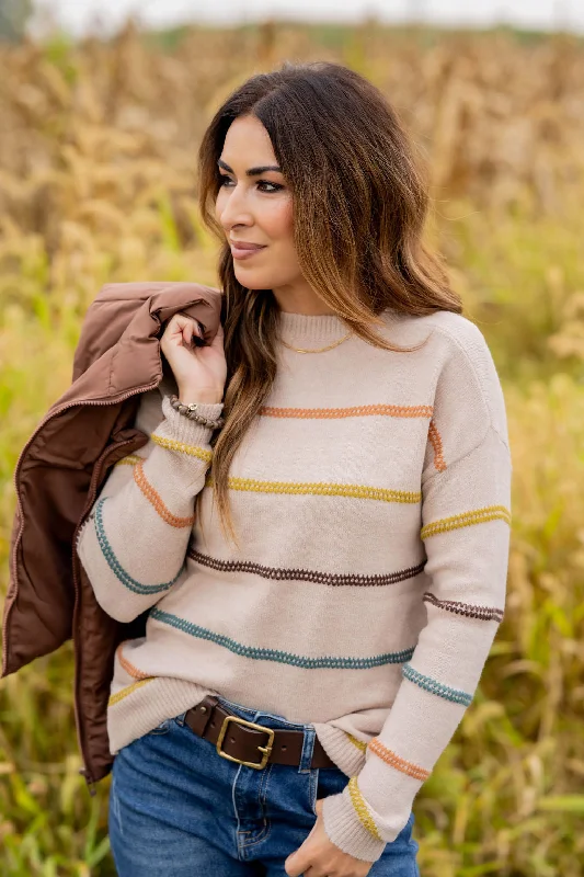 Plus Size Women's Off - Shoulder Ruffled Hem Sweater in Pink for a Feminine and Flirty LookMulticolored Zig Zag Stripes Sweater Plus Size Women's Off - Shoulder Ruffled Hem Sweater in Pink for a Feminine and Flirty LookMulticolored Zig Zag Stripes Sweater