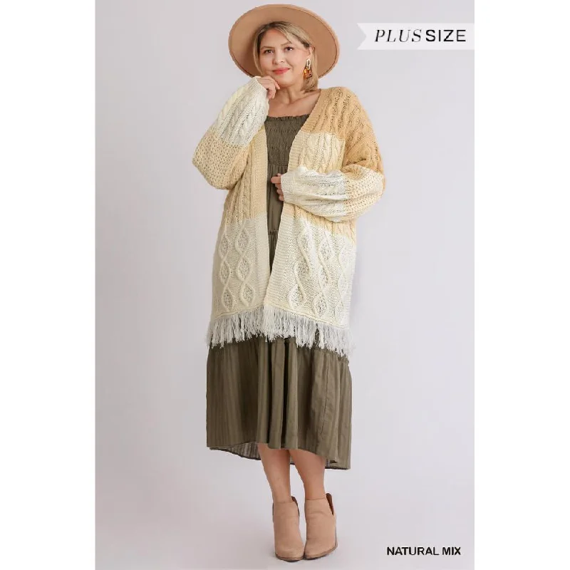 Patchwork Knitted Open Front Cardigan Sweater With Frayed Hem