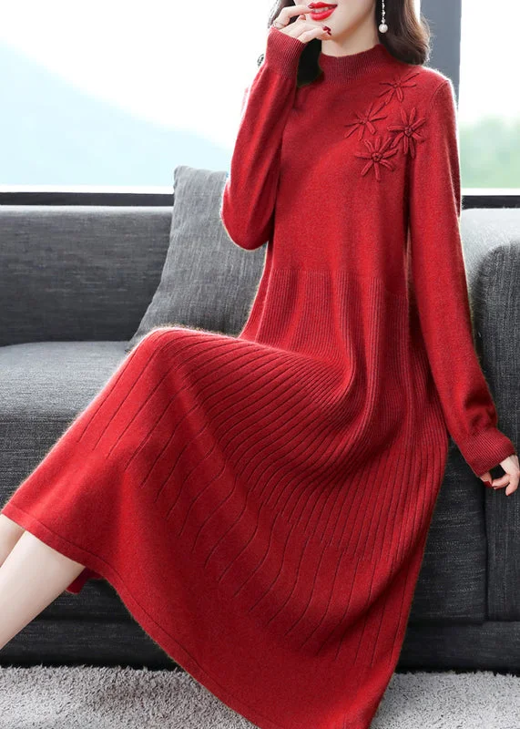 Backless Women Dress for a Sexy and Alluring Look at Evening EventsRed Patchwork Sweater Dress Embroideried Turtleneck Fall Backless Women Dress for a Sexy and Alluring Look at Evening EventsRed Patchwork Sweater Dress Embroideried Turtleneck Fall