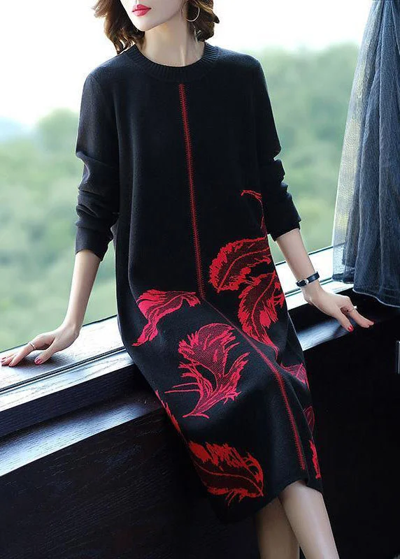 Printed Abstract Women Dress for a Modern and Artistic AppealRed Print Knit Sweater Dress O-Neck Thick Winter Printed Abstract Women Dress for a Modern and Artistic AppealRed Print Knit Sweater Dress O-Neck Thick Winter