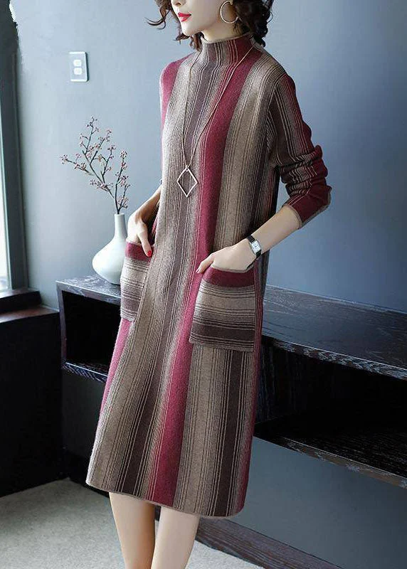 Ruffled Women Dress with Multiple Layers for a Playful and Girly StyleRed Striped Knit Sweater Dress High Neck Pockets Winter Ruffled Women Dress with Multiple Layers for a Playful and Girly StyleRed Striped Knit Sweater Dress High Neck Pockets Winter