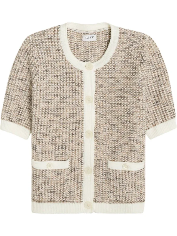 Short Sleeve Lady Cardigan Sweater In Ivory Heather