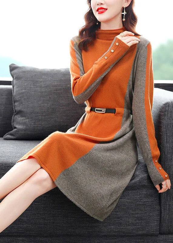 Mini Women Dress with a Short Hem for a Young and Trendy StyleStylish Orange High Neck Patchwork Knit Cinch Sweater Dress Winter Mini Women Dress with a Short Hem for a Young and Trendy StyleStylish Orange High Neck Patchwork Knit Cinch Sweater Dress Winter