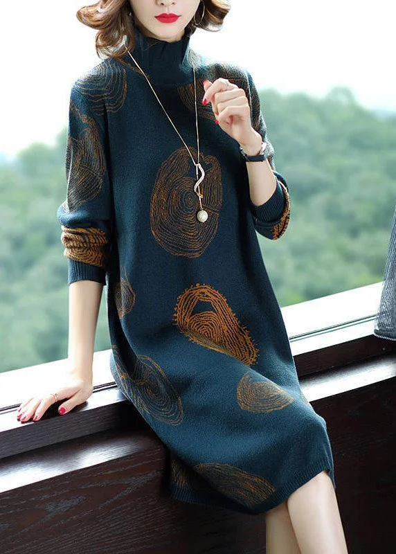 Pleated Women Dress with a Timeless and Elegant TextureVintage Blackish Green High Neck Oversized Print Knit Sweater Dress Winter Pleated Women Dress with a Timeless and Elegant TextureVintage Blackish Green High Neck Oversized Print Knit Sweater Dress Winter