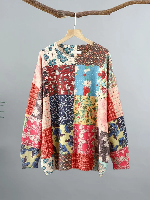Plus Size Women's V - Neck Long - Sleeve Ribbed Cotton Sweater in Navy for a Classic StyleWomen Ethnic Flower Patch Spliced O-Neck Sweater