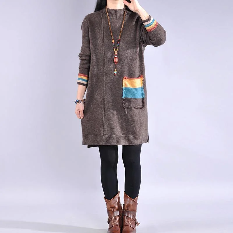 Lace - Embellished Women Dress for an Elegant and Sophisticated AppearanceWomen side open Sweater patchwork pockets dresses Classy khaki Largo sweater dress Lace - Embellished Women Dress for an Elegant and Sophisticated AppearanceWomen side open Sweater patchwork pockets dresses Classy khaki Largo sweater dress