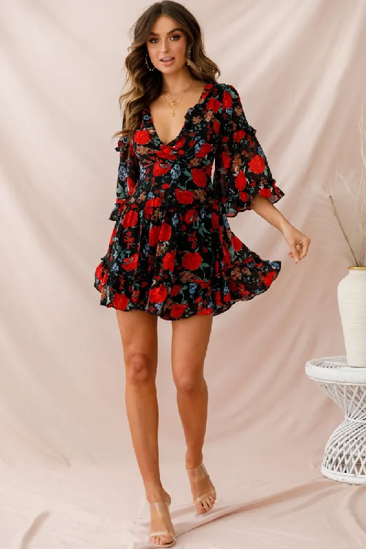 Albany Lace Up Back Frill Dress Black/Red