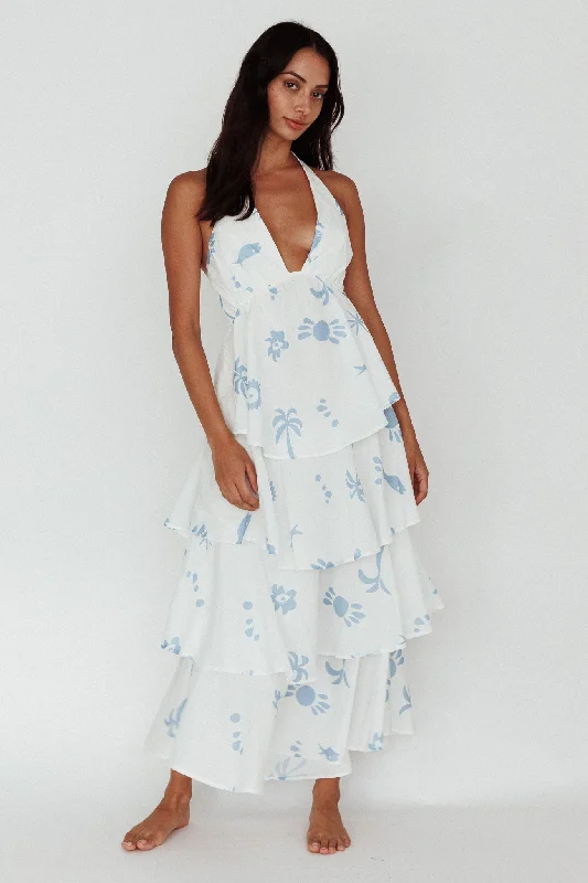 Catalina Tiered Ruffle Maxi Dress White Blue