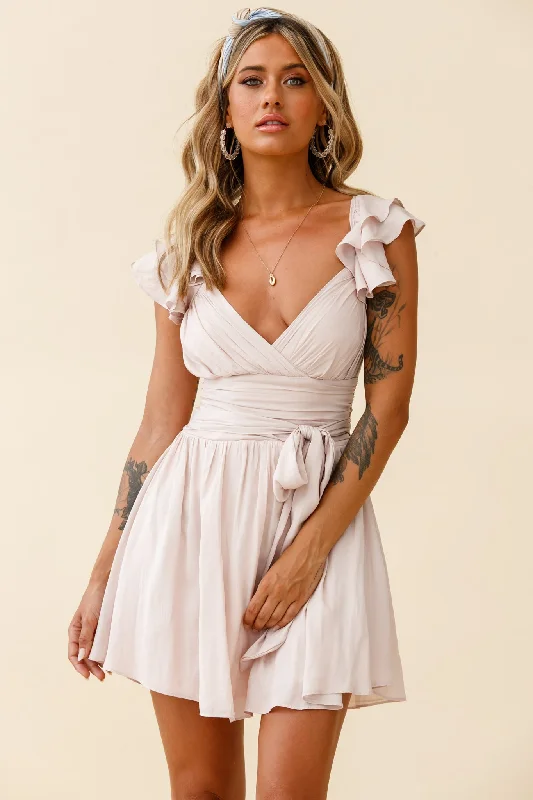 Lola Ruffle Shoulder Ruched Dress Nude