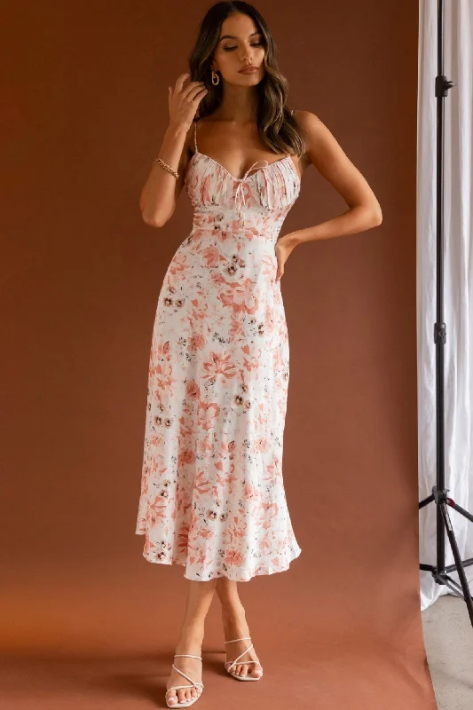 Malibu Gathered Bust Cami Strap Midi Dress Floral Pink